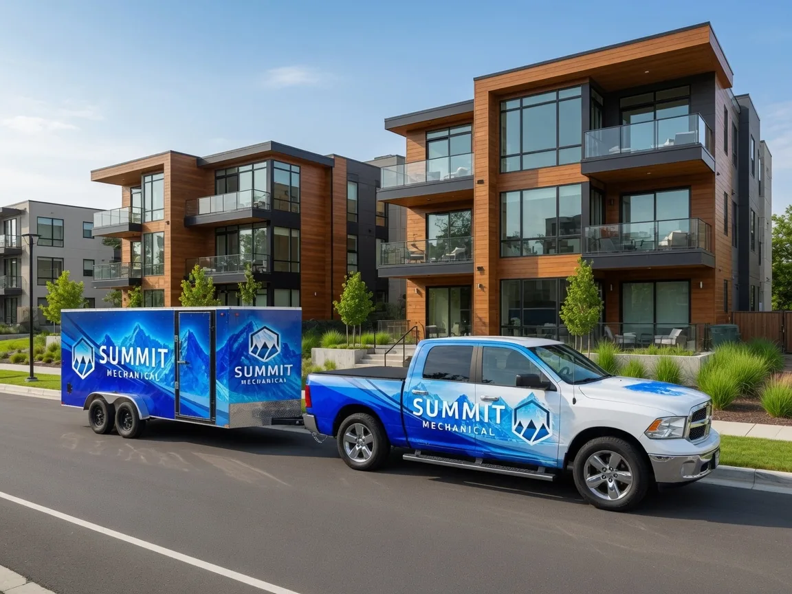 Summit Mechanical truck and trailer on site at a multi-family community